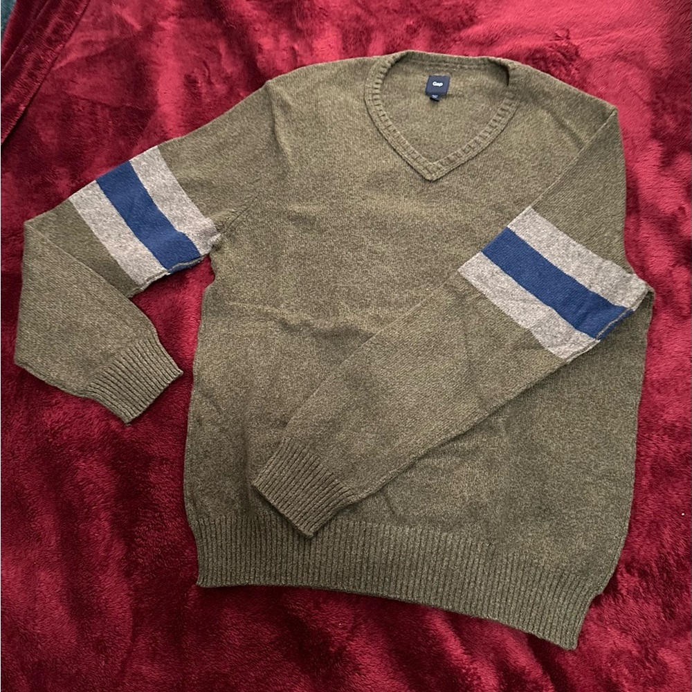 GAP Olive Green Sweater with Blue and Gray Stripes